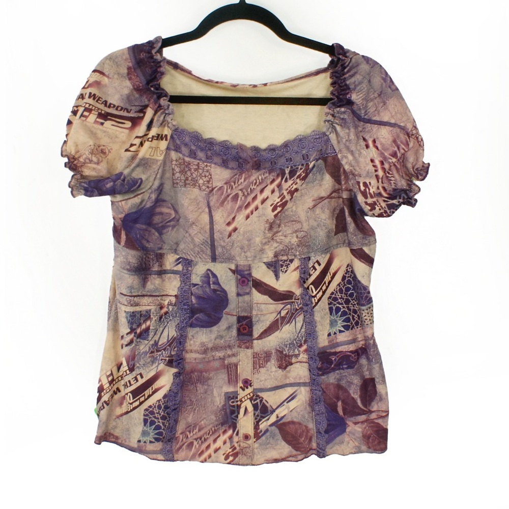 Vintage Y2K 2000s Purple Baby Doll Floral Leathal Weapon Text Collage Top